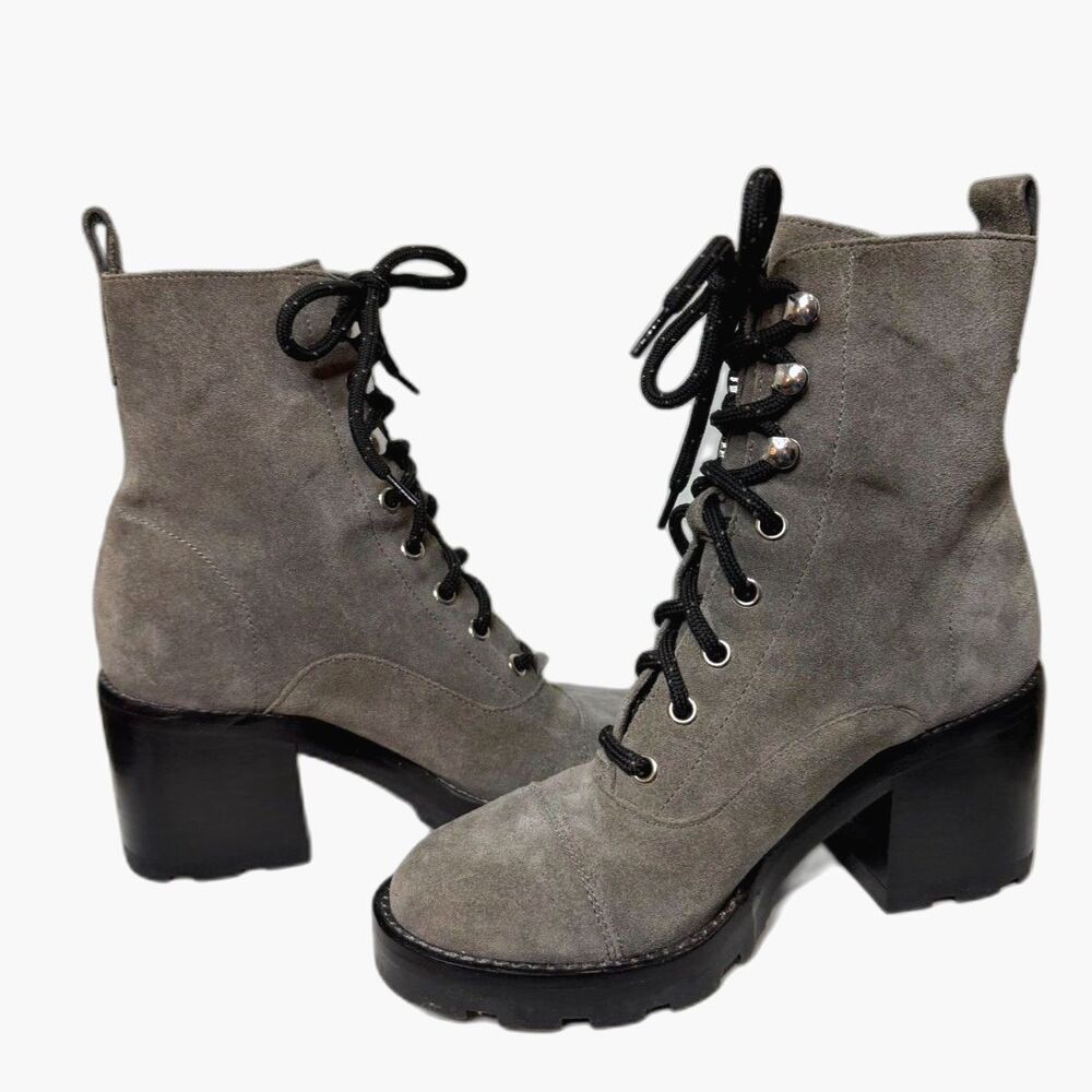 Marc Fisher Mlwanya Suede Combat Boots Gray Lug Sole Lace Up Ankle Boot Womens 5